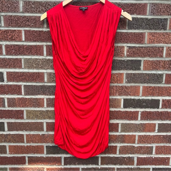 Express Bright Red Ruched Plunge Neck Sleeveless Blouse Tank Top - Picture 2 of 3